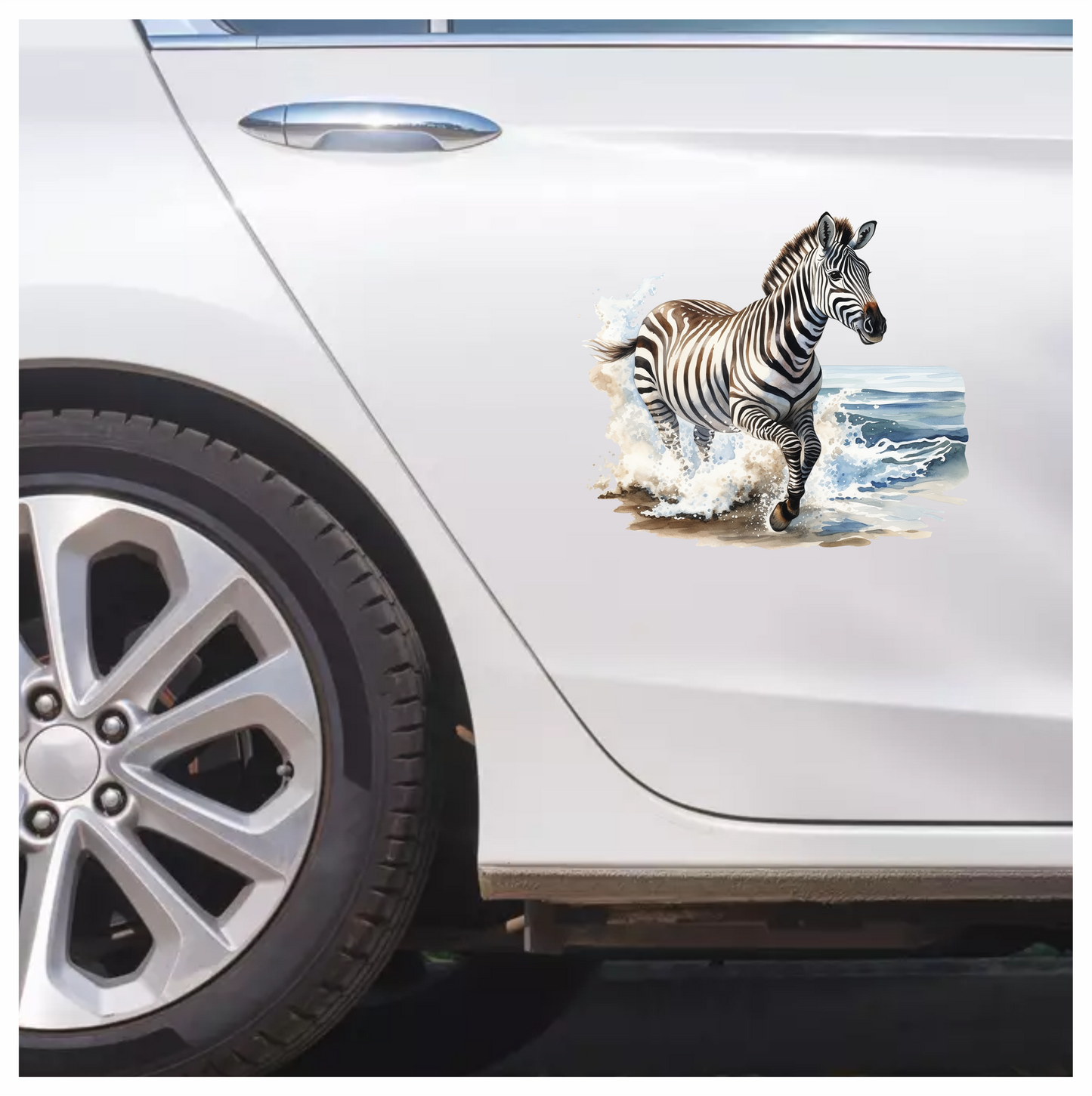 Zebra Breed Running Through Blue Waves Vinyl Decal Sticker