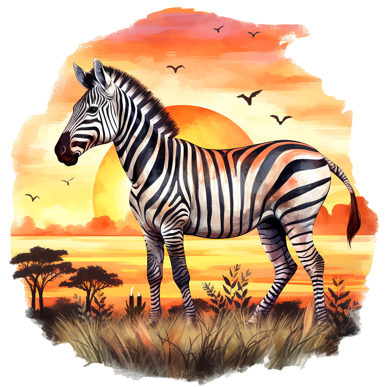 Zebra standing in front of a sunset with trees and birds in the background vinyl sticker.