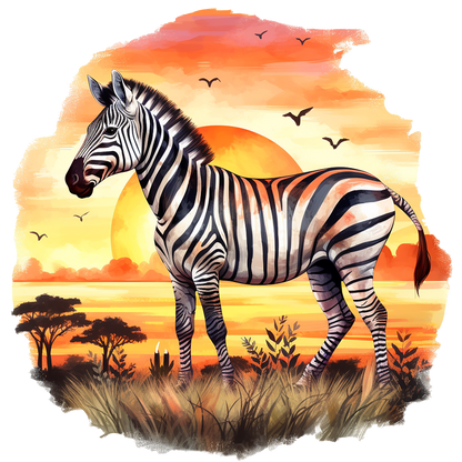 Zebra standing in front of a sunset with trees and birds in the background vinyl sticker.