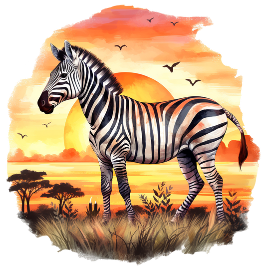 Zebra standing in front of a sunset with trees and birds in the background vinyl sticker.