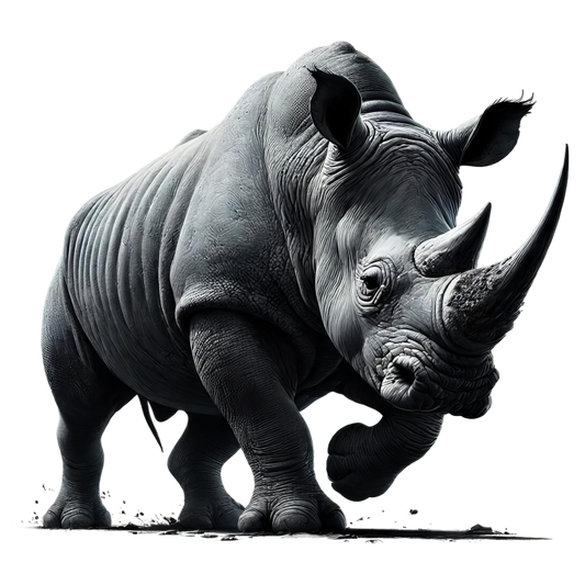 Black and white image of a rhinoceros on a white background vinyl sticker.