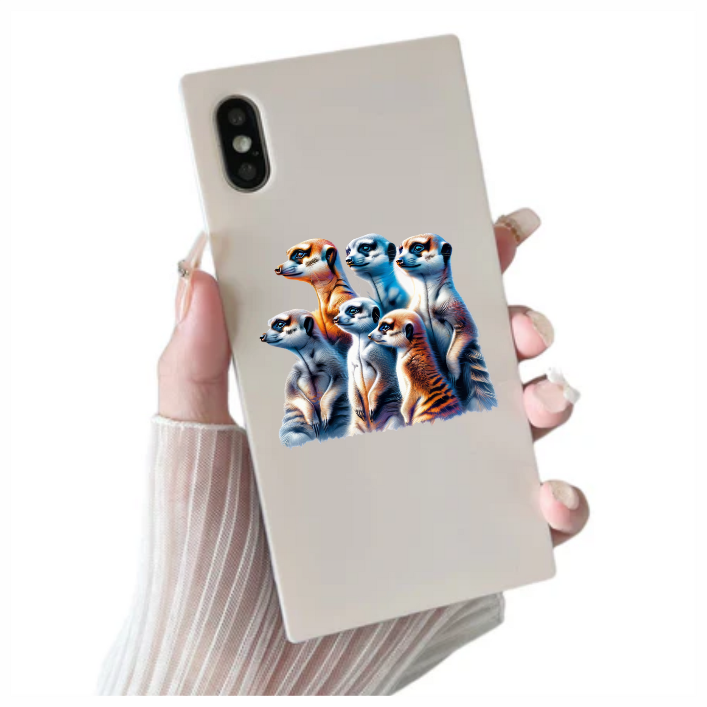 Six Meerkats Standing Together Orange Vinyl Sticker Decal.