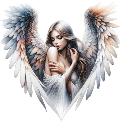 Artistic depiction of a angel with colorful wings on a white background vinyl sticker.