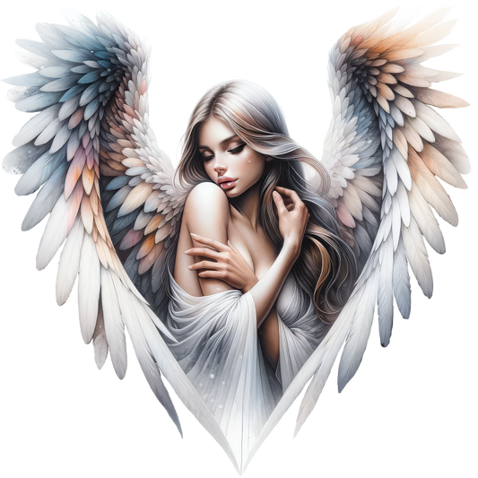 Artistic depiction of a angel with colorful wings on a white background vinyl sticker.