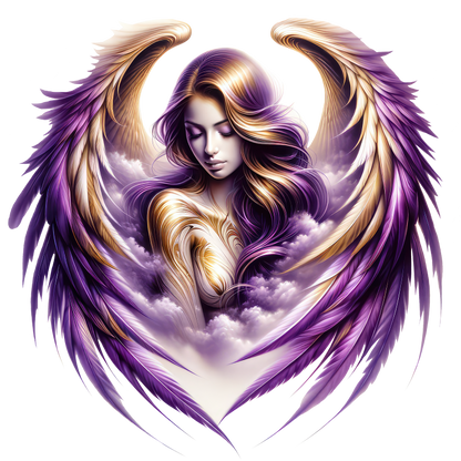 Artistic depiction of a woman with angel wings in purple and gold on a white background vinyl sticker.