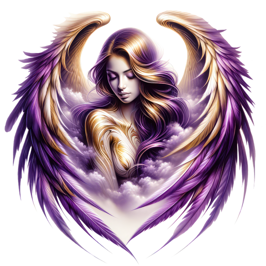 Artistic depiction of a woman with angel wings in purple and gold on a white background vinyl sticker.