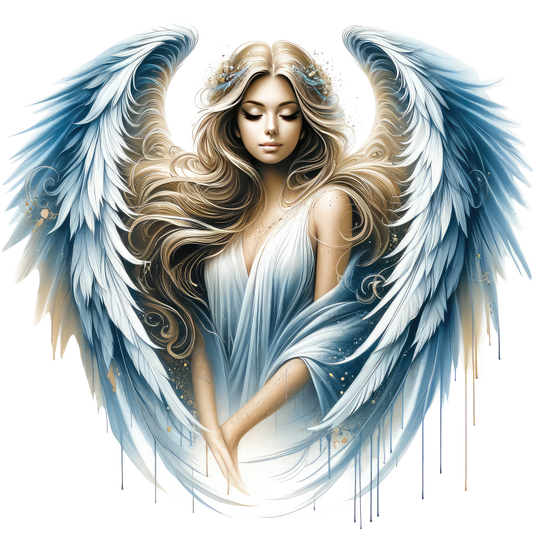 Artistic depiction of an angel with blue wings and flowing hair on a white background vinyl sticker.