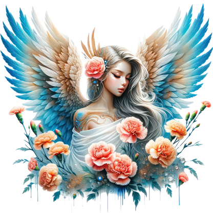 Artistic depiction of a angelic figure with wings surrounded by flowers on a white background vinyl sticker.