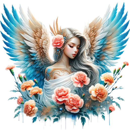 Artistic depiction of a angelic figure with wings surrounded by flowers on a white background vinyl sticker.