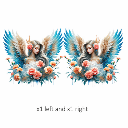 Angel With Blue Wings And Flowers Vinyl Sticker Decal.