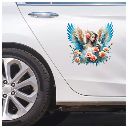 Angel With Blue Wings And Flowers Vinyl Sticker Decal.