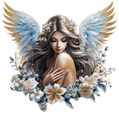 Angelic figure with wings and flowers on a white background vinyl sticker.