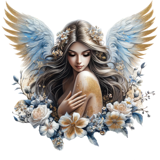 Angelic figure with wings and flowers on a white background vinyl sticker.