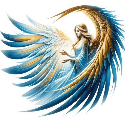 Angel with blue and gold wings holding a light source on a white background vinyl sticker.