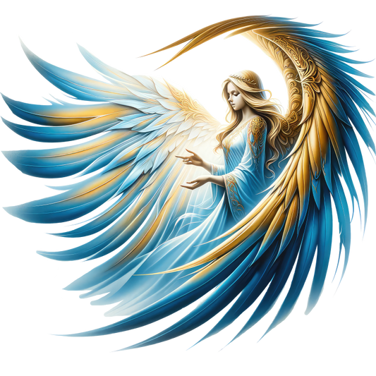 Angel with blue and gold wings holding a light source on a white background vinyl sticker.