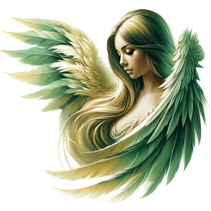 Artistic depiction of a woman with green and gold wings on a white background vinyl sticker.