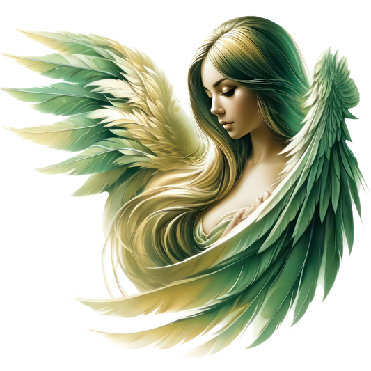 Artistic depiction of a woman with green and gold wings on a white background vinyl sticker.
