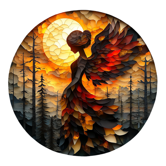 Artistic depiction of a winged figure against a sunset sky with trees. vinyl sticker.