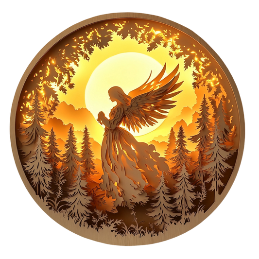 Circular artwork with a silhouette of a woman with wings in a forest setting.