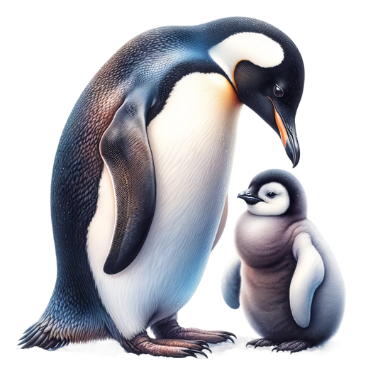 Illustration of an adult penguin and a juvenile penguin on a white background vinyl sticker.