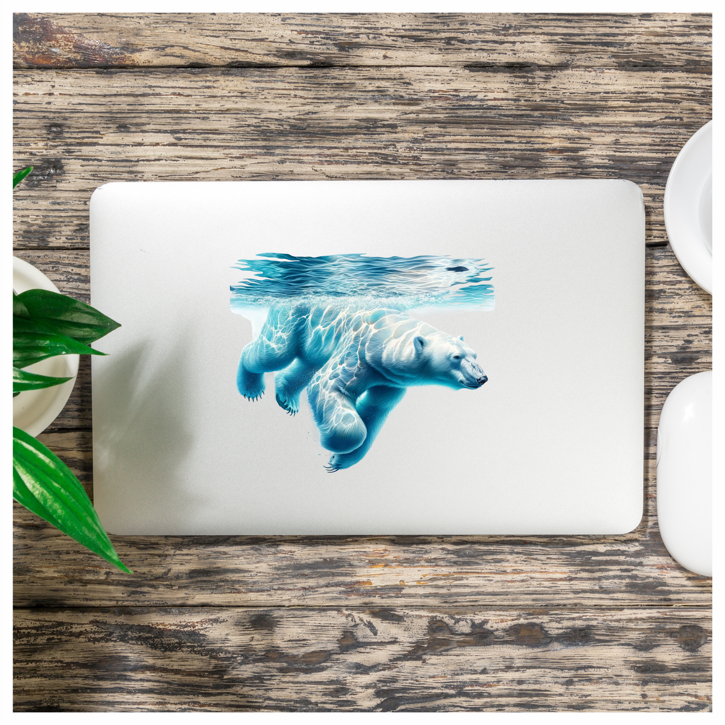White Polar Bear Underwater Swimming Vinyl Sticker Decal.