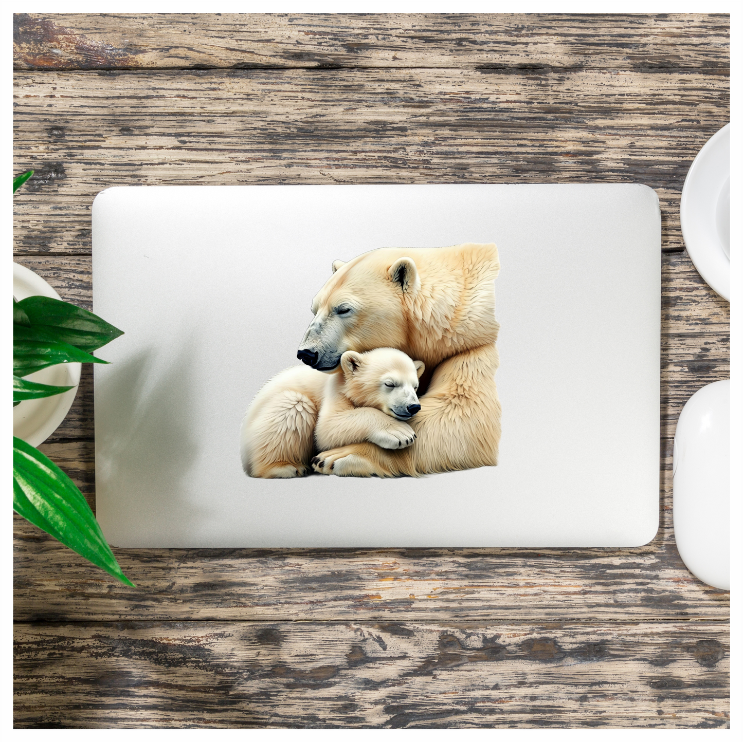 White Polar Bear Cub Hugging Mother Vinyl Sticker Decal