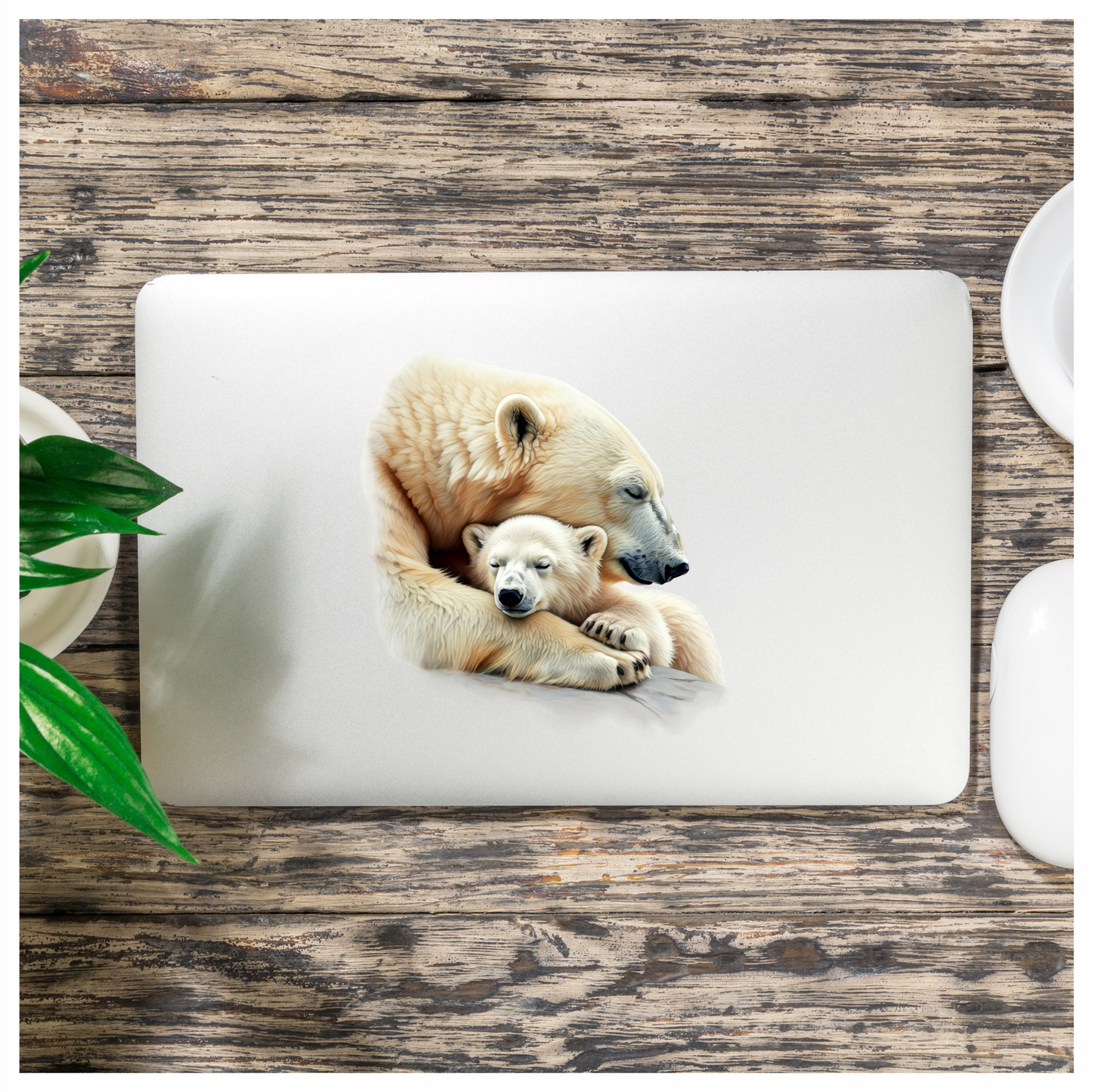 White Polar Bear Cub Sleeping Hug Vinyl Sticker Decal