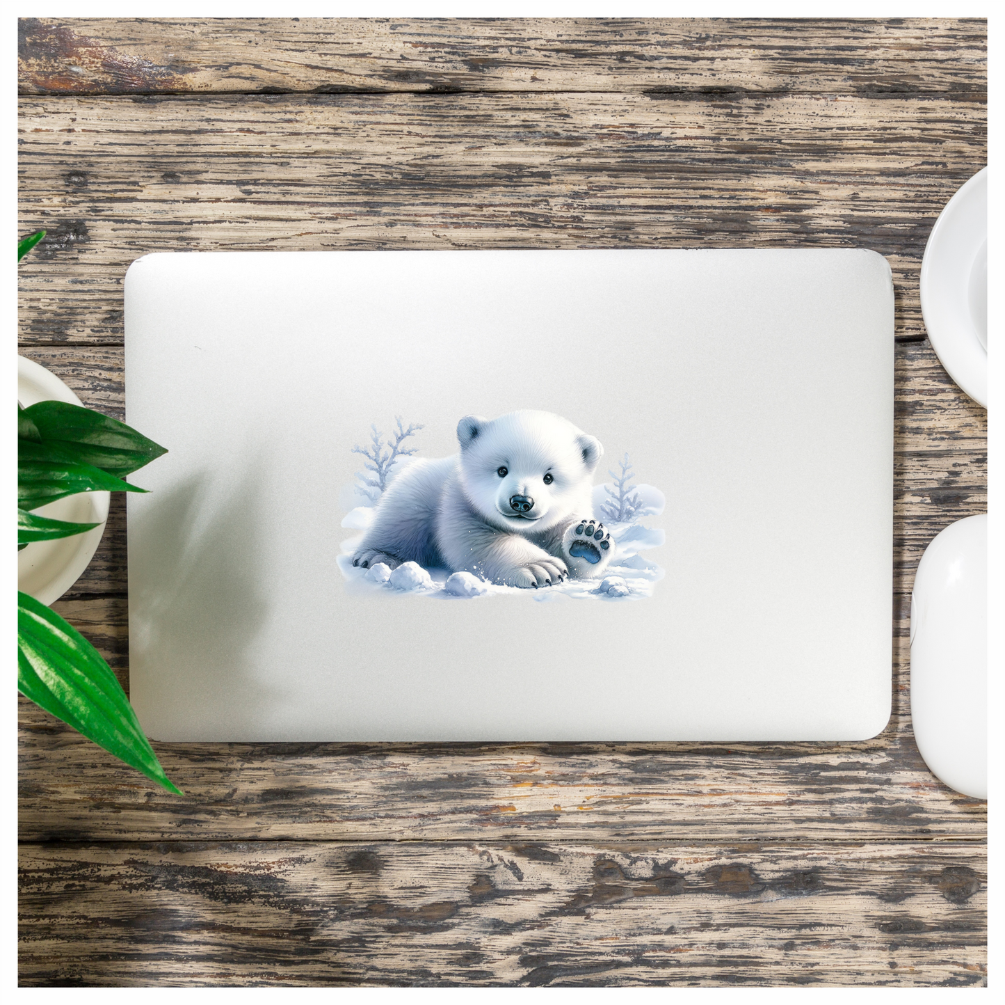 White Polar Bear Cub Waving Snow Vinyl Sticker Decal