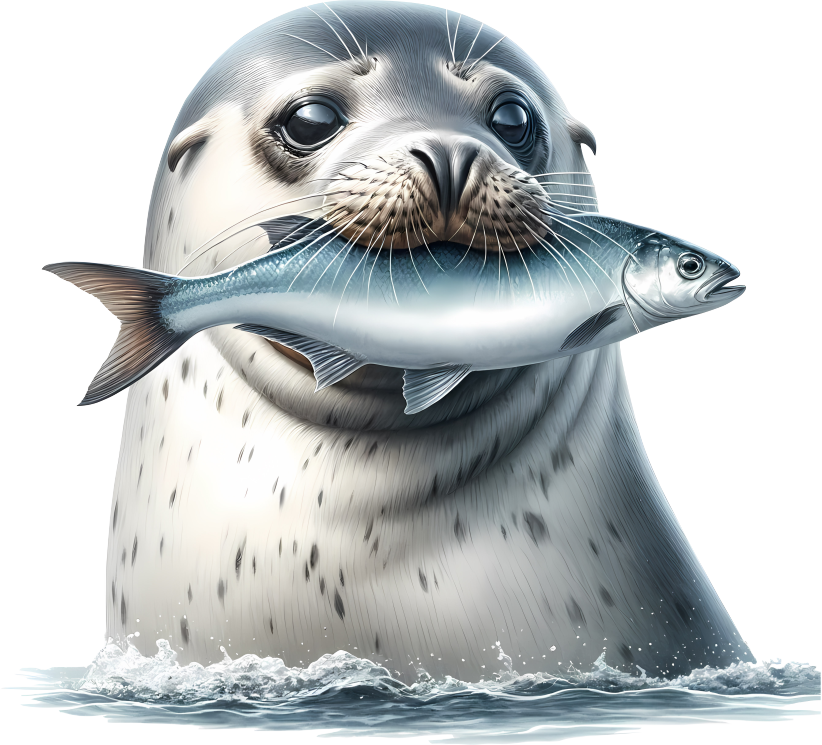 Grey Seal Holding Fish In Water Vinyl Sticker Decal