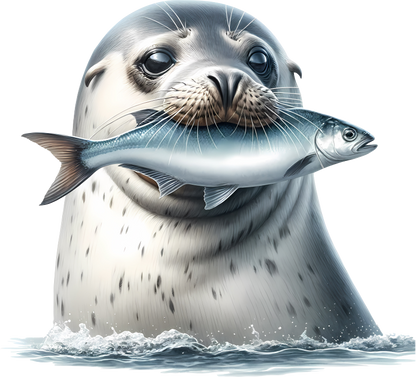 Grey Seal Holding Fish In Water Vinyl Sticker Decal