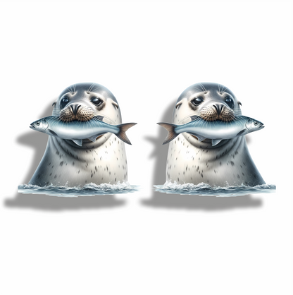 Grey Seal Holding Fish In Water Vinyl Sticker Decal