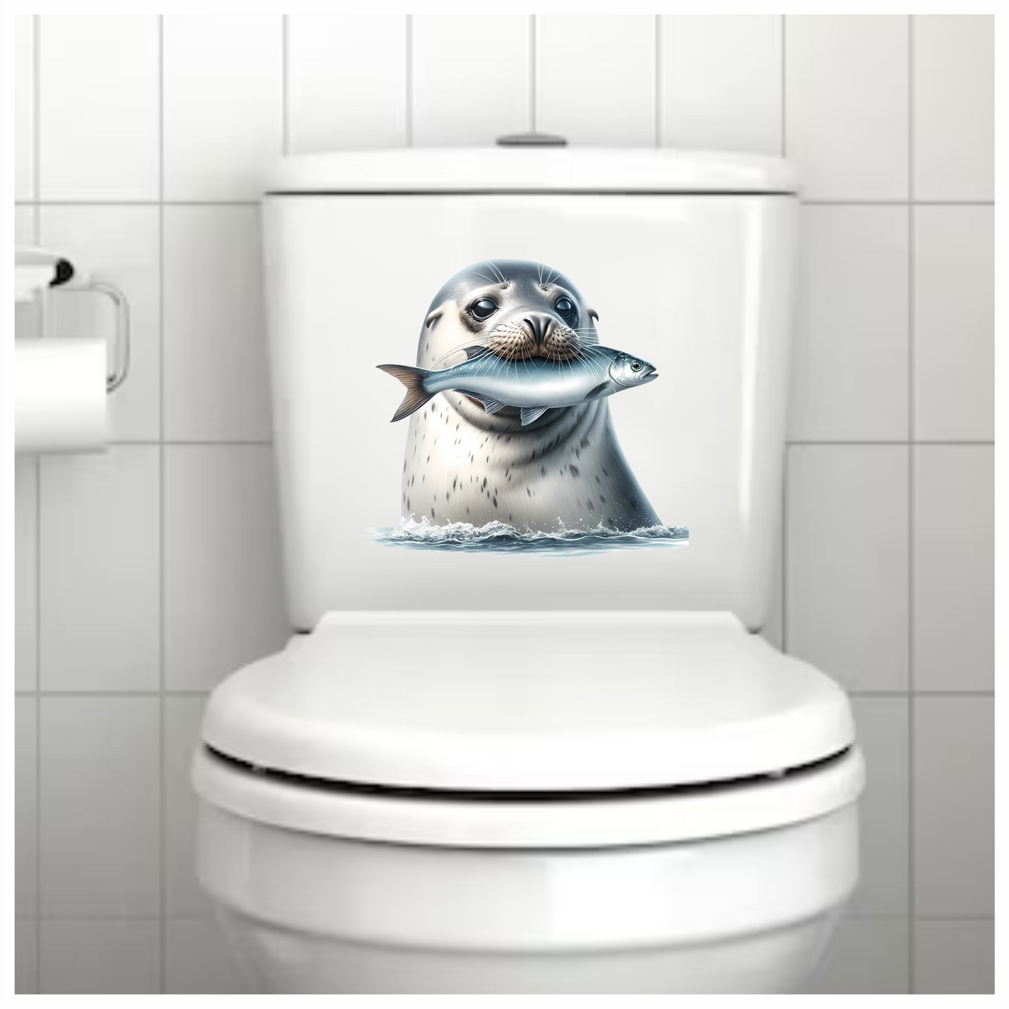 Grey Seal Holding Fish In Water Vinyl Sticker Decal