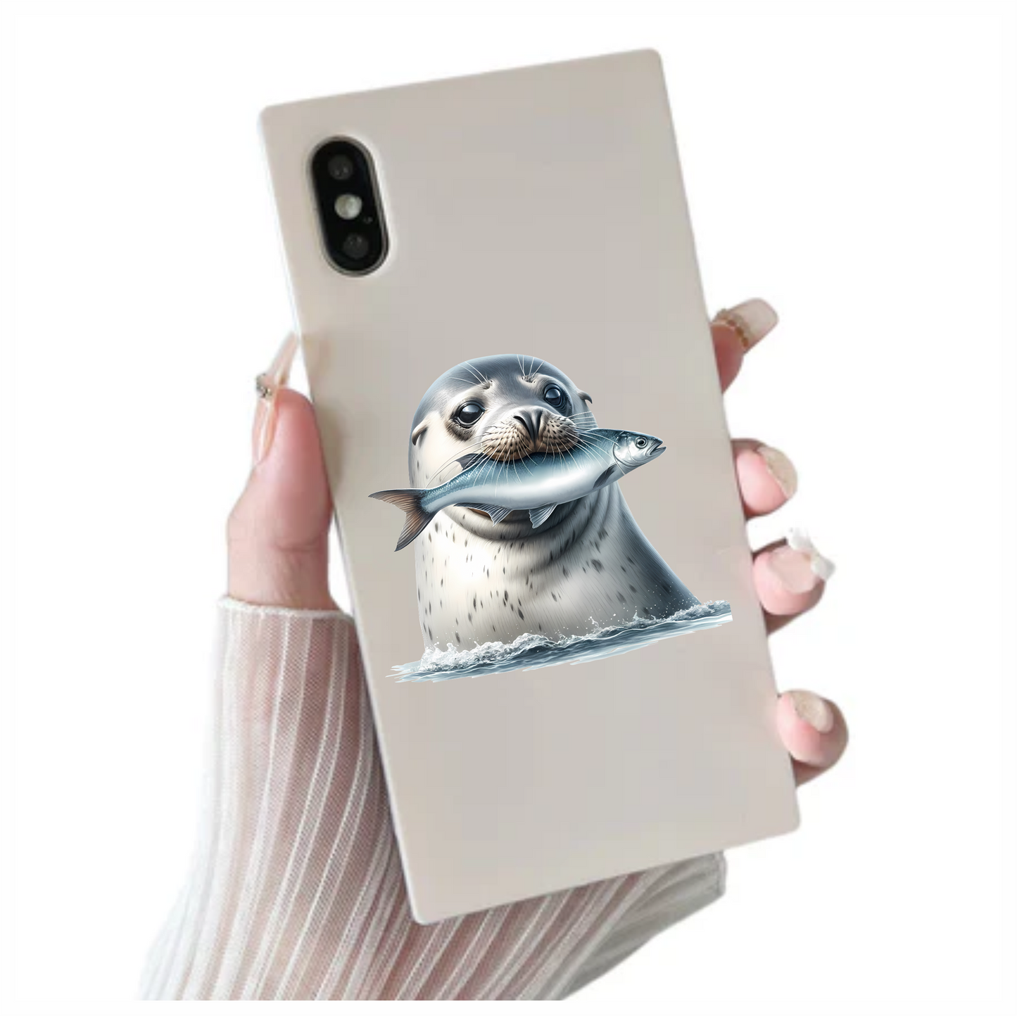 Grey Seal Holding Fish In Water Vinyl Sticker Decal