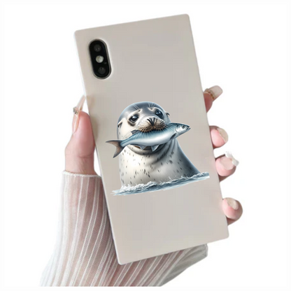 Grey Seal Holding Fish In Water Vinyl Sticker Decal