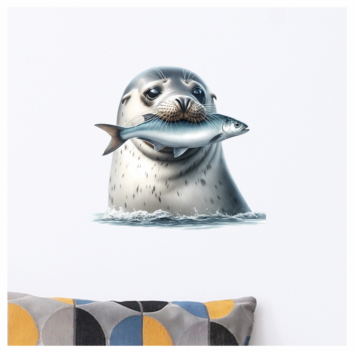Grey Seal Holding Fish In Water Vinyl Sticker Decal