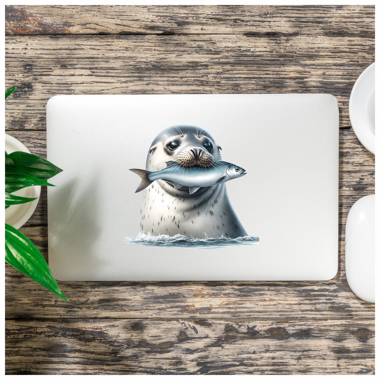 Grey Seal Holding Fish In Water Vinyl Sticker Decal