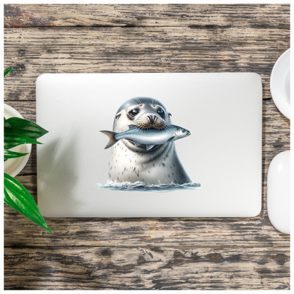 Grey Seal Holding Fish In Water Vinyl Sticker Decal