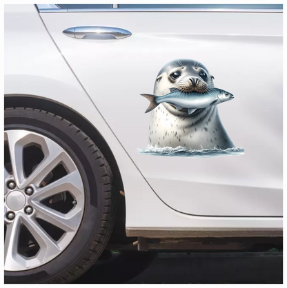 Grey Seal Holding Fish In Water Vinyl Sticker Decal