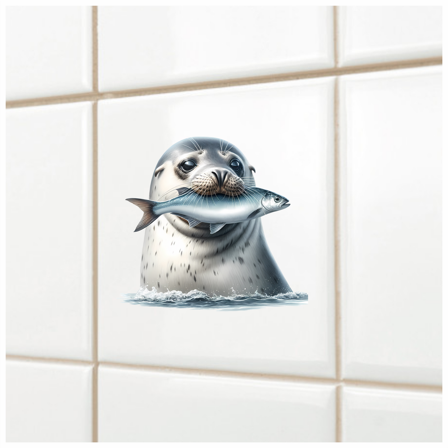 Grey Seal Holding Fish In Water Vinyl Sticker Decal