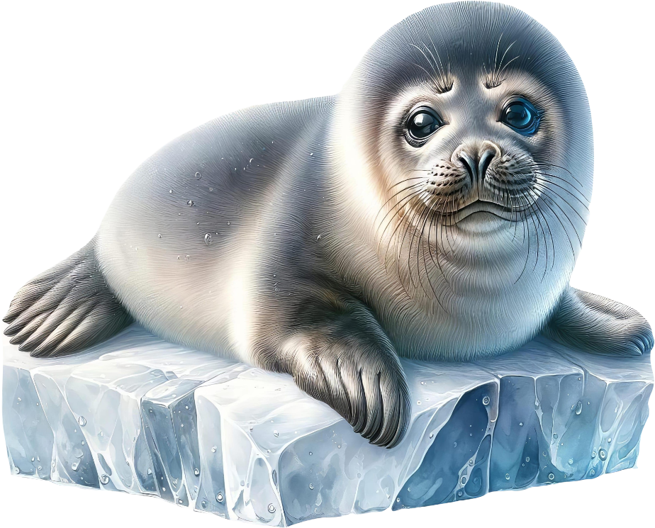 Seal on a block of ice with a white background
