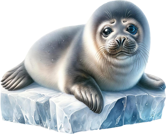 Seal on a block of ice with a white background
