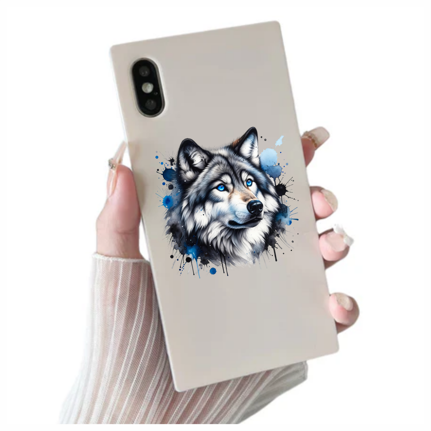 Grey Wolf Face Blue Eyes Splash Vinyl Sticker Decal