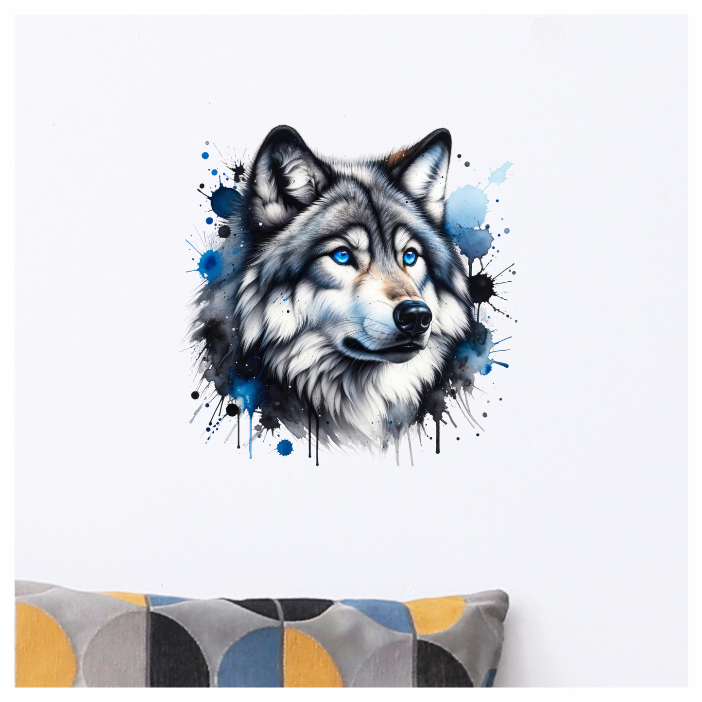 Grey Wolf Face Blue Eyes Splash Vinyl Sticker Decal