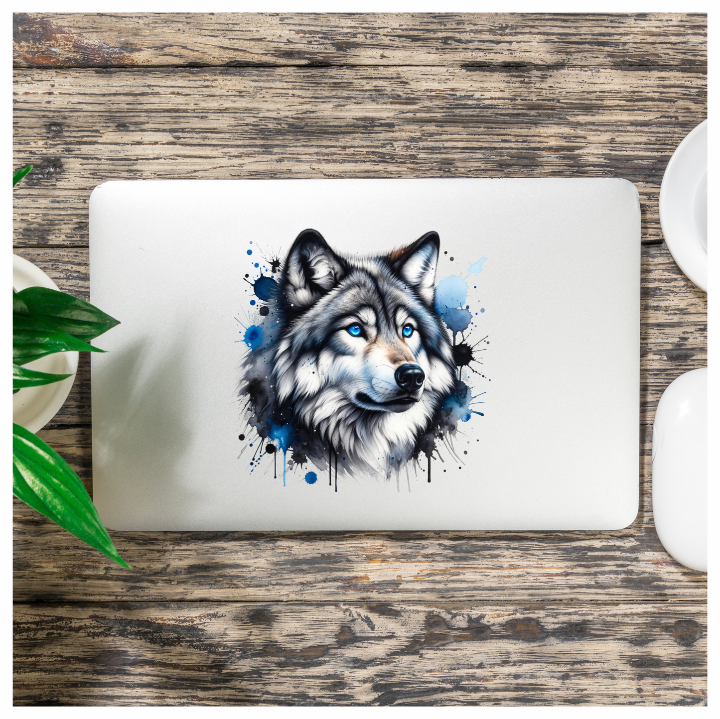 Grey Wolf Face Blue Eyes Splash Vinyl Sticker Decal
