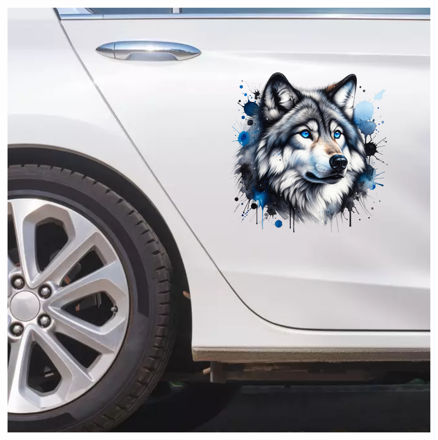 Grey Wolf Face Blue Eyes Splash Vinyl Sticker Decal