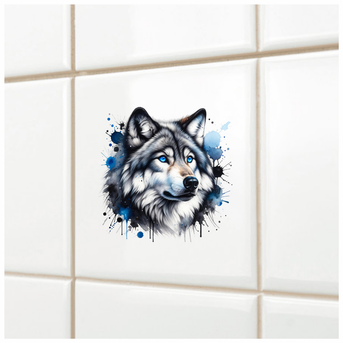 Grey Wolf Face Blue Eyes Splash Vinyl Sticker Decal