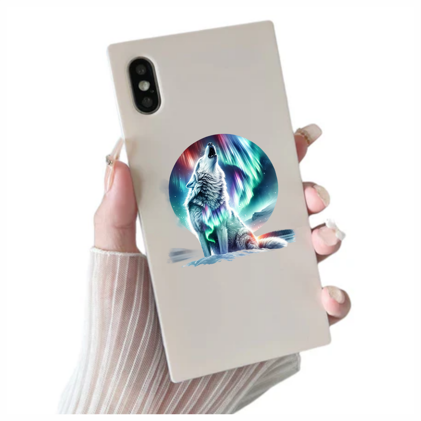 White Wolf Howling Under Northern Lights Vinyl Sticker Decal