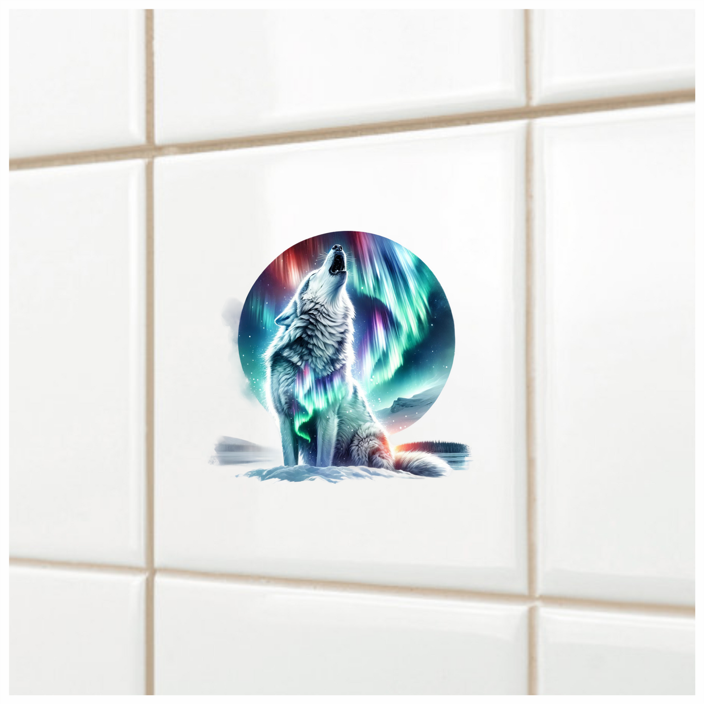 White Wolf Howling Under Northern Lights Vinyl Sticker Decal