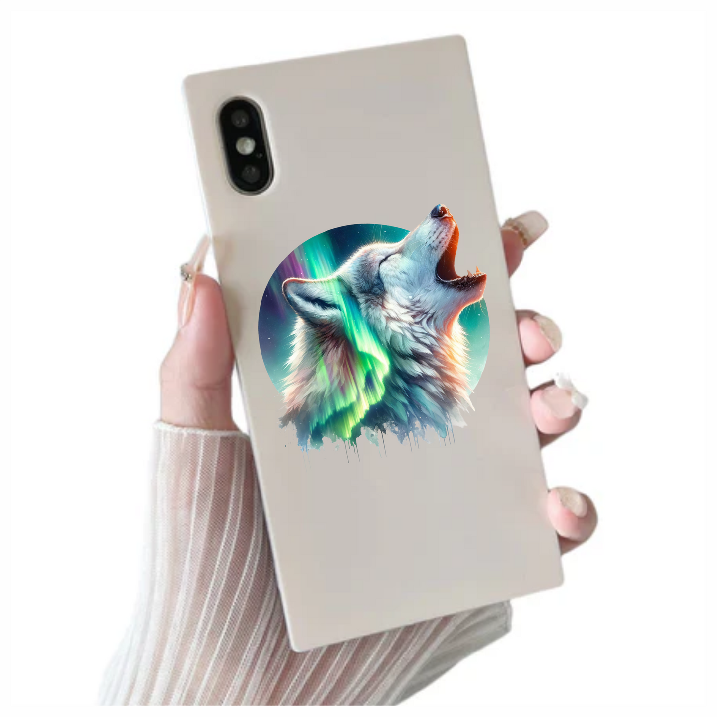 White Wolf Howling Green Northern Lights Vinyl Sticker Decal