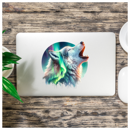 White Wolf Howling Green Northern Lights Vinyl Sticker Decal